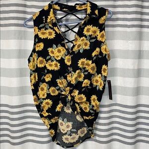 Black and Yellow Tie Front Tank Top with Notched Collar
